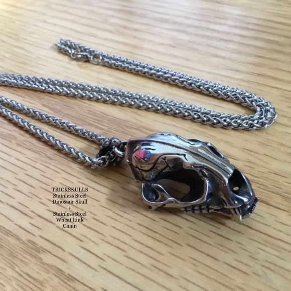 Sabre-Toothed Tiger Smilodon Big Cat Dinosaur Skull Stainless Pendant & Chain - Picture 1 of 13